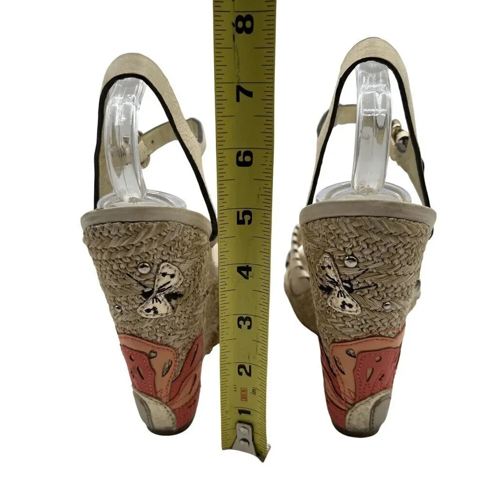 Coach Justeen 9.5 Butterfly Floral Design Woven Espadrille Wedge Leather Sandals